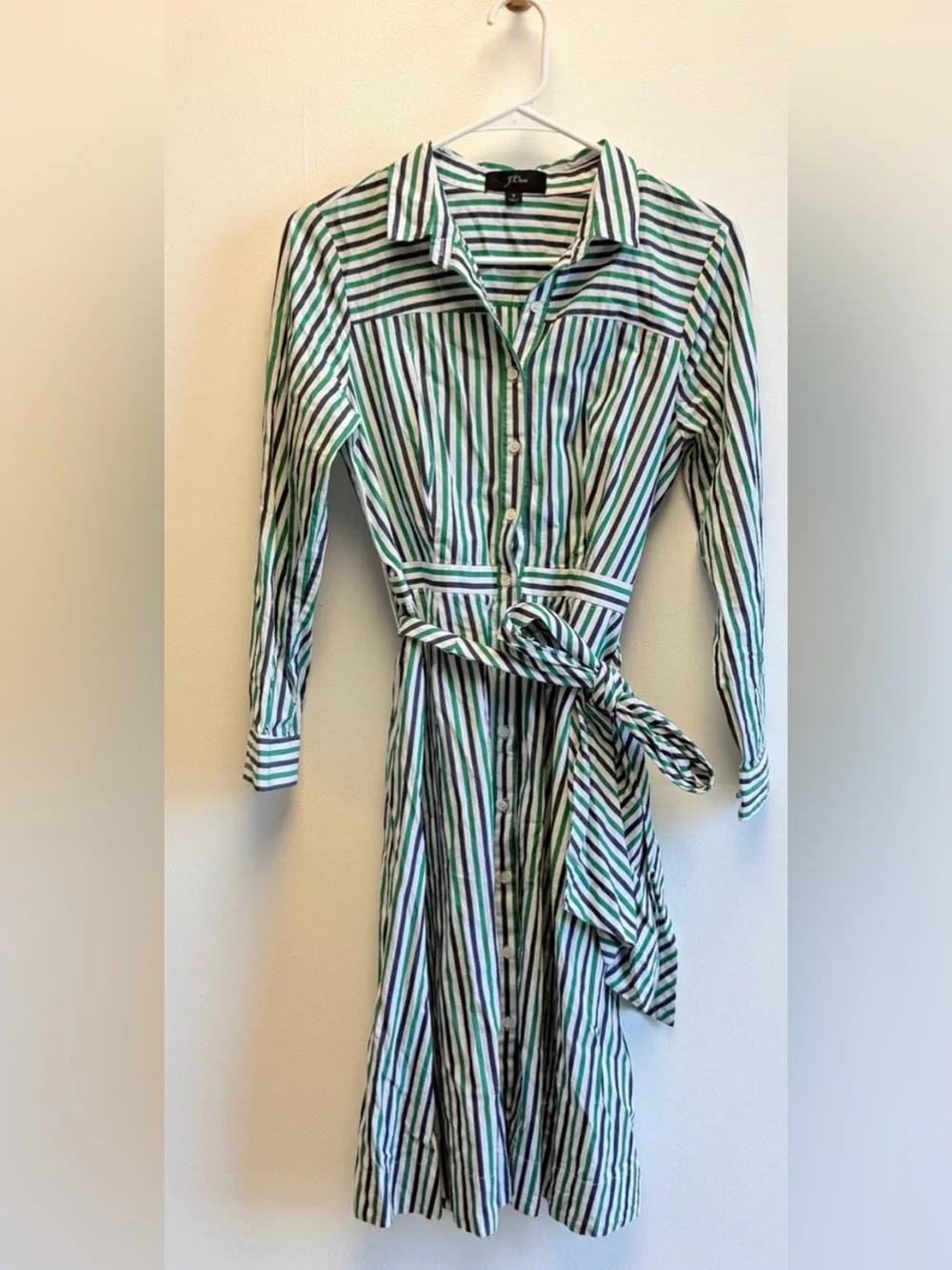 J. Crew Cotton Poplin Tie Waist Shirtdress Navy Alpine Stripe Dress 8 H7791